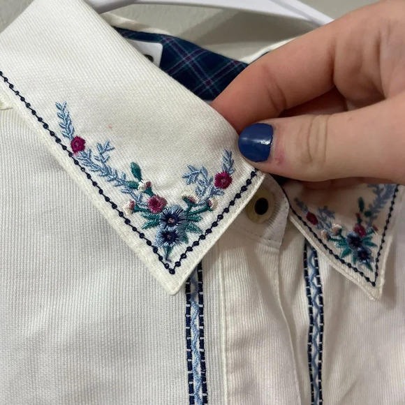 Vtg 80s Jantzen Womens White Button Up Shirt Size XL Embroidered Floral Cottage - Picture 5 of 10